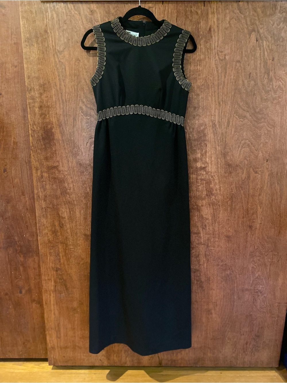 Vintage 1970s George Small New York Black Maxi Column Gown w/ Gold Soutache Trim - Picture 4 of 10